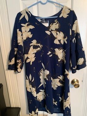Floral Navy Midi Dress with Cream Bloom Print